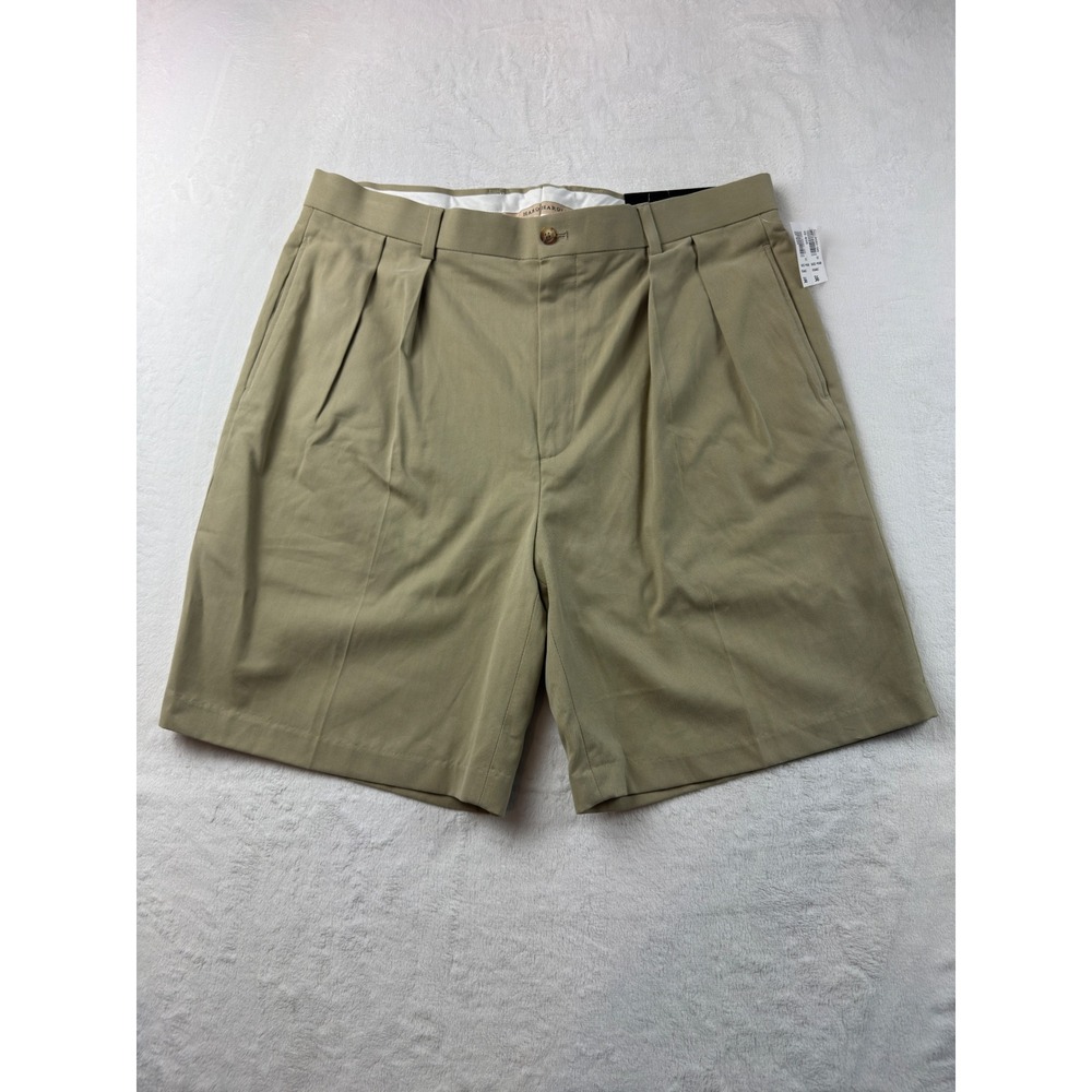 Harold Powell Mens Pleated Chino Shorts Khaki Tan Cotton Tencel Size 36 HZ-8103